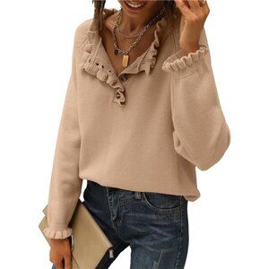 Women's Sweaters – Fall/Winter Long Sleeve, Button-Down, Ruffle Crew Neck